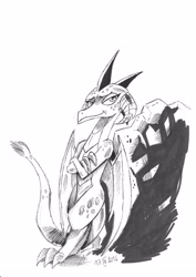 Size: 2480x3507 | Tagged: safe, artist:saturdaymorningproj, princess ember, dragon, black and white, grayscale, monochrome, simple background, solo, white background