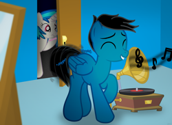 Size: 9000x6600 | Tagged: safe, artist:agkandphotomaker2000, dj pon-3, vinyl scratch, oc, oc:pony video maker, pegasus, pony, unicorn, butt jiggle, canon x oc, dancing, door, eavesdropping, female, holding the laughter, male, mirror, music notes, phonograph, room, shipping, show accurate, straight, videoscratch, watching from a distance