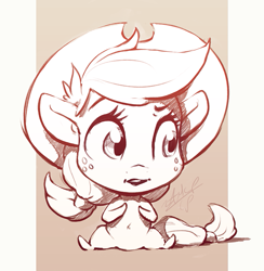 Size: 781x800 | Tagged: safe, artist:assasinmonkey, applejack, earth pony, pony, big head, chibi, cowboy hat, female, hat, mare, monochrome, sketch, solo, stetson