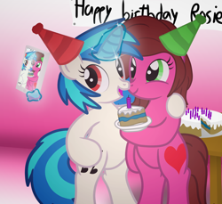 Size: 7200x6600 | Tagged: safe, artist:agkandphotomaker2000, dj pon-3, vinyl scratch, oc, oc:rose bloom, earth pony, pony, unicorn, banner, bipedal, birthday, birthday cake, cake, candle, food, hat, header, levitation, magic, party hat, plate, selfie, show accurate, simple background, table, telekinesis