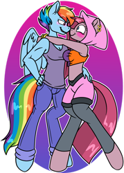 Size: 1024x1434 | Tagged: safe, artist:andy-hazards, pinkie pie, rainbow dash, anthro, unguligrade anthro, clothes, female, hood, lesbian, midriff, pants, pinkamena diane pie, pinkiedash, shipping