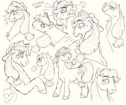 Size: 1280x1067 | Tagged: safe, artist:yowza-buckaroo, applejack, earth pony, pony, cutie mark, expressions, female, heart, mare, sketch, sketch dump, solo