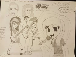 Size: 1762x1330 | Tagged: safe, artist:forzaveteranenigma, applejack, oc, oc:assetto-forza massimo, oc:aurelia charm, oc:shouka, equestria girls, rainbow rocks, brian may, fanfic art, fender jazz bass, fender stratocaster, fender telecaster deluxe, forza horizon, guitar, queen, roger taylor, trace