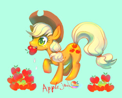 Size: 761x613 | Tagged: safe, artist:mozuright, applejack, earth pony, pony, apple, female, food, mare, simple background, solo