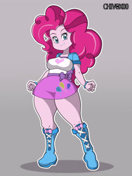 Size: 3240x4320 | Tagged: safe, alternate version, artist:chivox00, pinkie pie, equestria girls, boots, breasts, clothes, cute, cutie mark on clothes, female, looking at you, miniskirt, moe, pinkie pies, shoes, simple background, skirt, solo, thighs