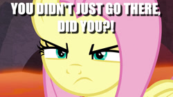 Size: 1920x1080 | Tagged: safe, edit, edited screencap, screencap, fluttershy, pegasus, pony, sweet and smoky, badass, caption, flutterbadass, fluttershy is not amused, image macro, text, unamused