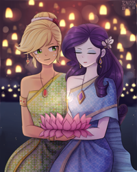 Size: 1200x1500 | Tagged: safe, artist:tcn1205, applejack, rarity, human, equestria girls, alternate hairstyle, beautiful, clothes, cute, dress, eyes closed, female, flower, humanized, jackabetes, lesbian, lotus (flower), loy krathong, pony coloring, raribetes, rarijack, shipping, thailand