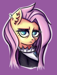 Size: 2284x2993 | Tagged: safe, artist:coco-drillo, fluttershy, pegasus, pony, fake it 'til you make it, annoyed, bored, bust, edgy, fluttergoth, goth, portrait, solo, unimpressed