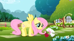 Size: 1920x1080 | Tagged: safe, screencap, angel bunny, fluttershy, pegasus, pony, rabbit, animal, apple, bird house, fence, flower, food, opening, theme song, tree