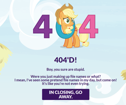 Size: 853x710 | Tagged: safe, applejack, earth pony, pony, 404, female, homestar runner, inspect element, mare, solo, stupid, text