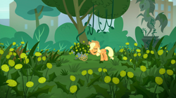 Size: 1440x808 | Tagged: safe, screencap, applejack, earth pony, pony, made in manehattan, applejack's hat, bronclyn, cart, cowboy hat, dandelion, eyes closed, female, hat, manehattan, mare, overgrown, park, solo, statue, tree, vegetation, vine, weeds