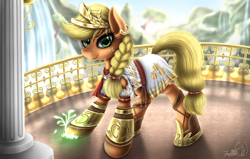 Size: 1024x652 | Tagged: safe, artist:hoodiefoxy, applejack, earth pony, pony, balcony, beautiful, braid, column, earth pony magic, female, headband, mare, solo, waterfall