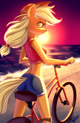 Size: 1750x2679 | Tagged: safe, artist:pellsya, applejack, anthro, backlighting, beach, beautiful, bicycle, clothes, female, freckles, looking at you, looking back, looking back at you, midriff, sand, shirt, shorts, solo, sun, sunset, water, ych result