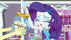 Size: 2048x1152 | Tagged: safe, screencap, fluttershy, rarity, better together, choose your own ending, costume conundrum, costume conundrum: rarity, equestria girls, darling jar, geode of shielding, magical geodes, swear jar