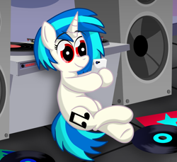 Size: 7200x6600 | Tagged: safe, artist:agkandphotomaker2000, dj pon-3, vinyl scratch, pony, unicorn, absurd resolution, album cover, dj booth, hoof hold, phone, relaxing, sitting, solo, speakers, taking a break, vinyl disc