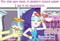 Size: 1920x1322 | Tagged: safe, edit, edited screencap, editor:leonidus, screencap, fluttershy, rarity, better together, choose your own ending, costume conundrum, costume conundrum: rarity, equestria girls, blushing, clothes, clothes hanger, coin, darling jar, decoration, dialogue, eyes closed, geode of shielding, glasses, implied lesbian, implied rarijack, implied shipping, light, magical geodes, smiling, speech bubble, swear jar, text