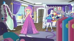 Size: 1600x900 | Tagged: safe, screencap, fluttershy, rarity, better together, choose your own ending, costume conundrum, costume conundrum: rarity, equestria girls, beautiful, clothes, clothes hanger, cute, dress, geode of shielding, jewelry, magical geodes, mirror, princess fluttershy, rarity's bedroom, shyabetes, sleeveless, tiara