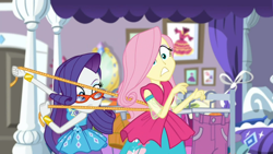 Size: 1600x900 | Tagged: safe, screencap, fluttershy, rarity, better together, choose your own ending, costume conundrum, costume conundrum: rarity, equestria girls, geode of fauna, geode of shielding, magical geodes, measuring tape, rarity's bedroom, rarity's glasses, shocked expression