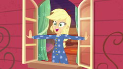 Size: 1920x1080 | Tagged: safe, screencap, applejack, better together, equestria girls, five to nine, applejack's bedroom, clothes, female, pajamas, solo