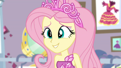 Size: 1600x900 | Tagged: safe, screencap, fluttershy, better together, choose your own ending, costume conundrum, costume conundrum: rarity, equestria girls, bare shoulders, close-up, cute, jewelry, princess fluttershy, rarity's bedroom, sleeveless, tiara