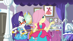 Size: 1600x900 | Tagged: safe, screencap, fluttershy, rarity, better together, choose your own ending, costume conundrum, costume conundrum: rarity, equestria girls, geode of fauna, geode of shielding, hair over one eye, magical geodes, measuring tape, rarity's bedroom, rarity's glasses