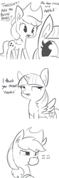 Size: 1650x4950 | Tagged: safe, artist:tjpones, applejack, twilight sparkle, twilight sparkle (alicorn), alicorn, earth pony, pony, accent, apple, applejack's hat, comic, cowboy hat, dialogue, duo, ear fluff, eyeroll, female, food, grayscale, hat, mare, monochrome, mouth hold, open mouth, pear, pun, silly, silly pony, simple background, slice of life, that pony sure does hate pears, that pony sure does love apples, white background