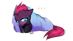 Size: 960x545 | Tagged: safe, artist:enjaadjital, tempest shadow, pony, my little pony: the movie, ..., blanket, blushing, broken horn, female, lying down, mare, simple background, solo, white background, wrapped up