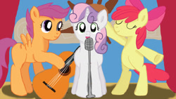 Size: 1280x720 | Tagged: safe, artist:jbond, apple bloom, scootaloo, sweetie belle, cutie mark crusaders, guitar, microphone