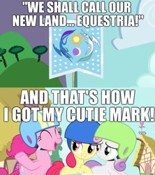 Size: 1920x2160 | Tagged: safe, edit, edited screencap, screencap, apple bloom, pinkie pie, sweetie belle, earth pony, pony, hearth's warming eve (episode), the cutie mark chronicles, and that's how equestria was made, caption, cutie mark, equestria, equestrian flag, hearth's warming, hearth's warming eve, helmet, image macro, text