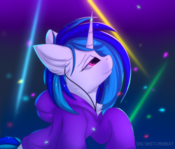 Size: 3500x3000 | Tagged: safe, artist:snowstormbat, dj pon-3, vinyl scratch, pony, unicorn, chest fluff, clothes, ear fluff, female, headphones, high res, hoodie, looking up, mare, music, profile, smiling, solo