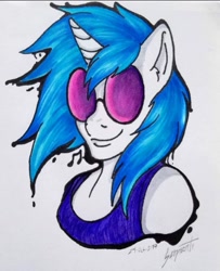 Size: 1040x1280 | Tagged: safe, artist:serpentine-69, dj pon-3, vinyl scratch, anthro, unicorn, bust, clothes, female, solo, sunglasses, traditional art