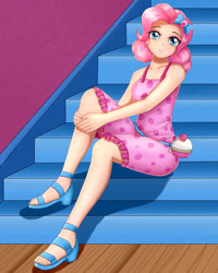 Size: 1600x2000 | Tagged: safe, artist:focusb, pinkie pie, human, better together, spring breakdown, clothes, cute, diapinkes, dress, feet, full body, humanized, looking at you, sandals, smiling, solo