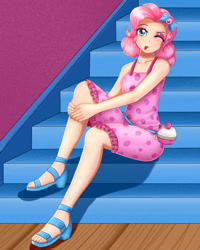 Size: 1600x2000 | Tagged: safe, alternate version, artist:focusb, pinkie pie, human, better together, equestria girls, spring breakdown, :p, anime, clothes, cute, diapinkes, dress, feet, full body, humanized, looking at you, one eye closed, pixiv, sandals, smiling, solo, tongue out, wink