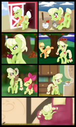 Size: 1024x1707 | Tagged: safe, artist:bonsia-lucky, apple bloom, applejack, granny smith, bird, chicken, earth pony, pony, adult, age regression, apple, apple tree, applebucking, armchair, barn, basket, braces, braid, bucket, comic, eyes closed, feed, female, filly, foal, food, grin, mouth hold, no dialogue, orchard, ponytail, pot, request, sleeping, smiling, teenager, tree, young granny smith, younger