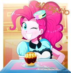Size: 1020x1060 | Tagged: safe, artist:the-butch-x, pinkie pie, coinky-dink world, eqg summertime shorts, equestria girls, apron, carhop, clothes, coffee, cup, cute, dessert, diapinkes, espresso, female, food, grin, ice cream, italian, looking at you, one eye closed, server pinkie pie, signature, smiling, solo, spoon, translated in the description, tray, waitress, wink