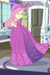 Size: 402x604 | Tagged: safe, screencap, fluttershy, better together, choose your own ending, costume conundrum, costume conundrum: rarity, equestria girls, clothes, cropped, dress, eyes closed, princess fluttershy, rarity's bedroom, sleeveless, smiling, solo