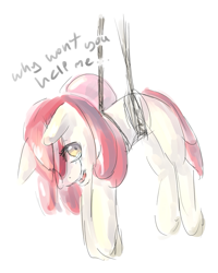 Size: 639x800 | Tagged: safe, artist:ferrettea, apple bloom, earth pony, pony, crying, female, filly, hanging, sad, simple background, solo, stuck, suspended, white background
