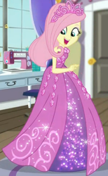 Size: 312x508 | Tagged: safe, screencap, fluttershy, better together, costume conundrum, costume conundrum: rarity, equestria girls, beautiful, clothes, cropped, cute, dress, female, happy, jewelry, looking down, princess fluttershy, rarity's bedroom, shyabetes, sleeveless, smiling, solo, tiara