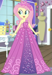Size: 421x613 | Tagged: safe, screencap, fluttershy, costume conundrum, costume conundrum: rarity, equestria girls, equestria girls series, spoiler:choose your own ending (season 2), spoiler:eqg series (season 2), beautiful, clothes, cropped, cute, dress, happy, jewelry, princess fluttershy, rarity's bedroom, shyabetes, sleeveless, smiling, solo, tiara