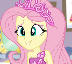 Size: 1015x900 | Tagged: safe, screencap, fluttershy, better together, choose your own ending, costume conundrum, costume conundrum: rarity, equestria girls, beautiful, clothes, cropped, cute, dress, female, jewelry, princess fluttershy, rarity's bedroom, shyabetes, sleeveless, smiling, solo, tiara