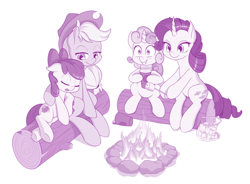 Size: 1280x940 | Tagged: safe, artist:dstears, apple bloom, applejack, rarity, sweetie belle, earth pony, pony, unicorn, campfire tales, campfire, coffee, female, filly, food, log, marshmallow, rarity using marshmallows, roasting, sleeping, wide eyes