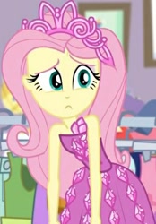 Size: 309x443 | Tagged: safe, screencap, fluttershy, costume conundrum, costume conundrum: rarity, equestria girls, equestria girls series, spoiler:choose your own ending (season 2), spoiler:eqg series (season 2), clothes, cropped, cute, dress, frown, jewelry, princess fluttershy, rarity's bedroom, seriously, sleeveless, solo, tiara