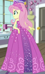 Size: 455x742 | Tagged: safe, screencap, fluttershy, costume conundrum, costume conundrum: rarity, equestria girls, equestria girls series, spoiler:choose your own ending (season 2), spoiler:eqg series (season 2), clothes, cropped, dress, jewelry, princess fluttershy, rarity's bedroom, sleeveless, smiling, solo, tiara