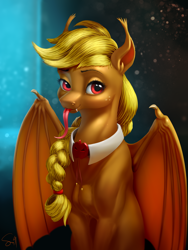 Size: 1500x2000 | Tagged: safe, artist:samum41, applejack, bat pony, pony, undead, vampire, vampony, spoiler:comic, spoiler:comic33, applebat, bat ponified, braid, bust, female, looking at you, mare, portrait, race swap, red eyes, smiling, solo, tongue out