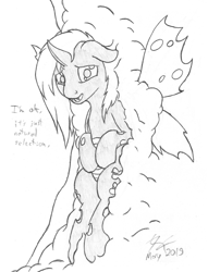 Size: 902x1178 | Tagged: safe, artist:parallel black, fluttershy, changeling, changeling slime, changelingified, dialogue, looking at you, post-transformation, simple background, sketch, solo, species swap, traditional art, trapped, white background