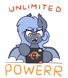 Size: 3500x4000 | Tagged: safe, artist:whitepone, oc, oc only, oc:panne, bat pony, pony, amd, bat pony oc, female, mare, open mouth, pc master race, processor, ryzen, simple background, smiling, solo, spread wings, unlimited power, white background, wings
