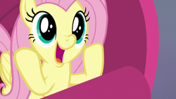 Size: 1920x1080 | Tagged: safe, screencap, fluttershy, pegasus, pony, sweet and smoky, :d, big eyes, cute, female, hooves up, mare, open mouth, shyabetes, sofa, solo, solo female