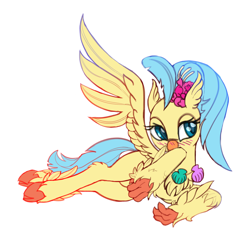Size: 1650x1651 | Tagged: dead source, safe, artist:lunebat, princess skystar, classical hippogriff, hippogriff, my little pony: the movie, blushing, cloven hooves, cute, female, lying, on side, shell, simple background, skyabetes, solo, spread wings, white background, wings
