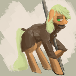 Size: 1280x1279 | Tagged: safe, artist:erijt, applejack, earth pony, pony, abstract background, clothes, female, floppy ears, jacket, lidded eyes, mare, missing accessory, pole, smiling, solo