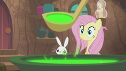 Size: 1920x1080 | Tagged: safe, screencap, angel bunny, fluttershy, pegasus, pony, rabbit, she talks to angel, animal, cauldron, female, ladle, male, mare, potion